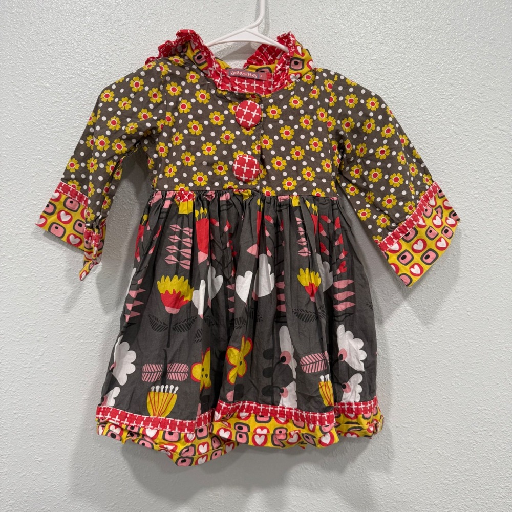 Jelly‎ the Pug Girls Floral Mixed Print Hooded Dress Sz 4 Multicolor Long Sleeve